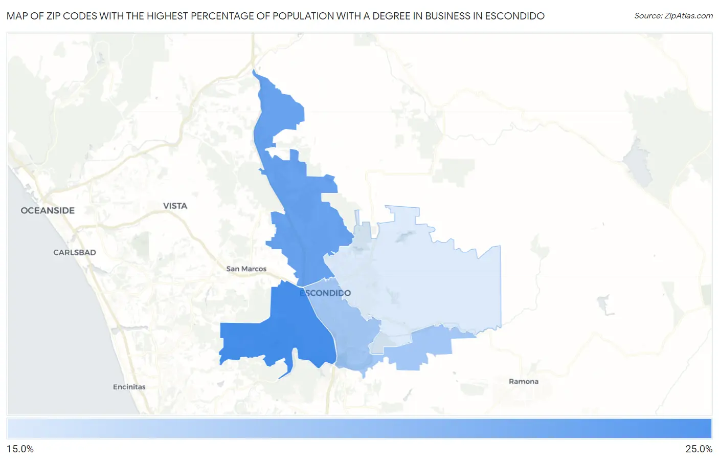 Zip Codes with the Highest Percentage of Population with a Degree in Business in Escondido Map