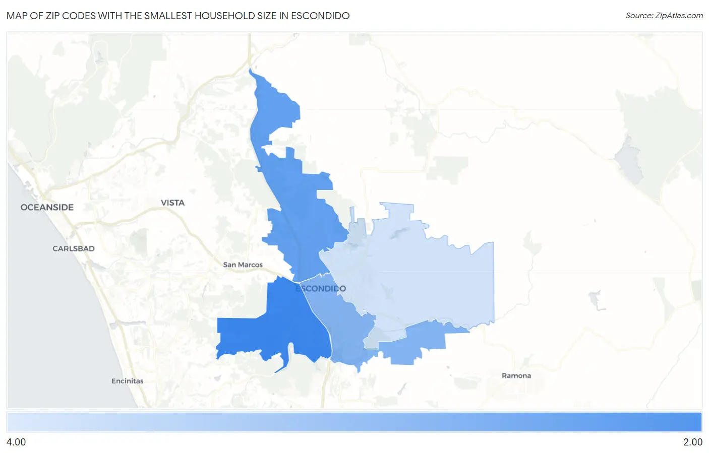 Zip Codes with the Smallest Household Size in Escondido Map