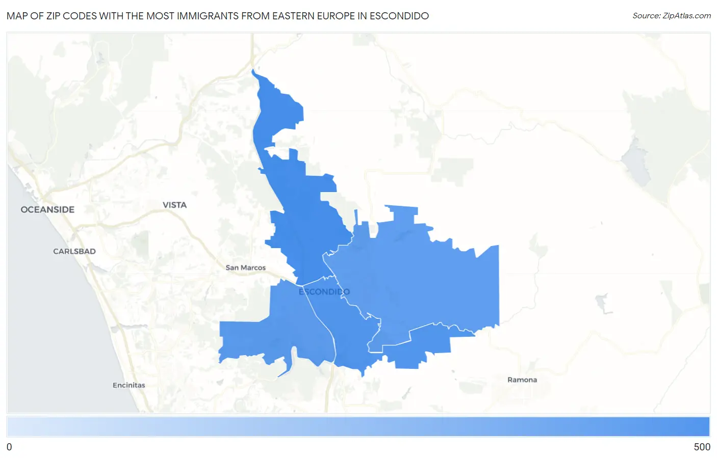Zip Codes with the Most Immigrants from Eastern Europe in Escondido Map