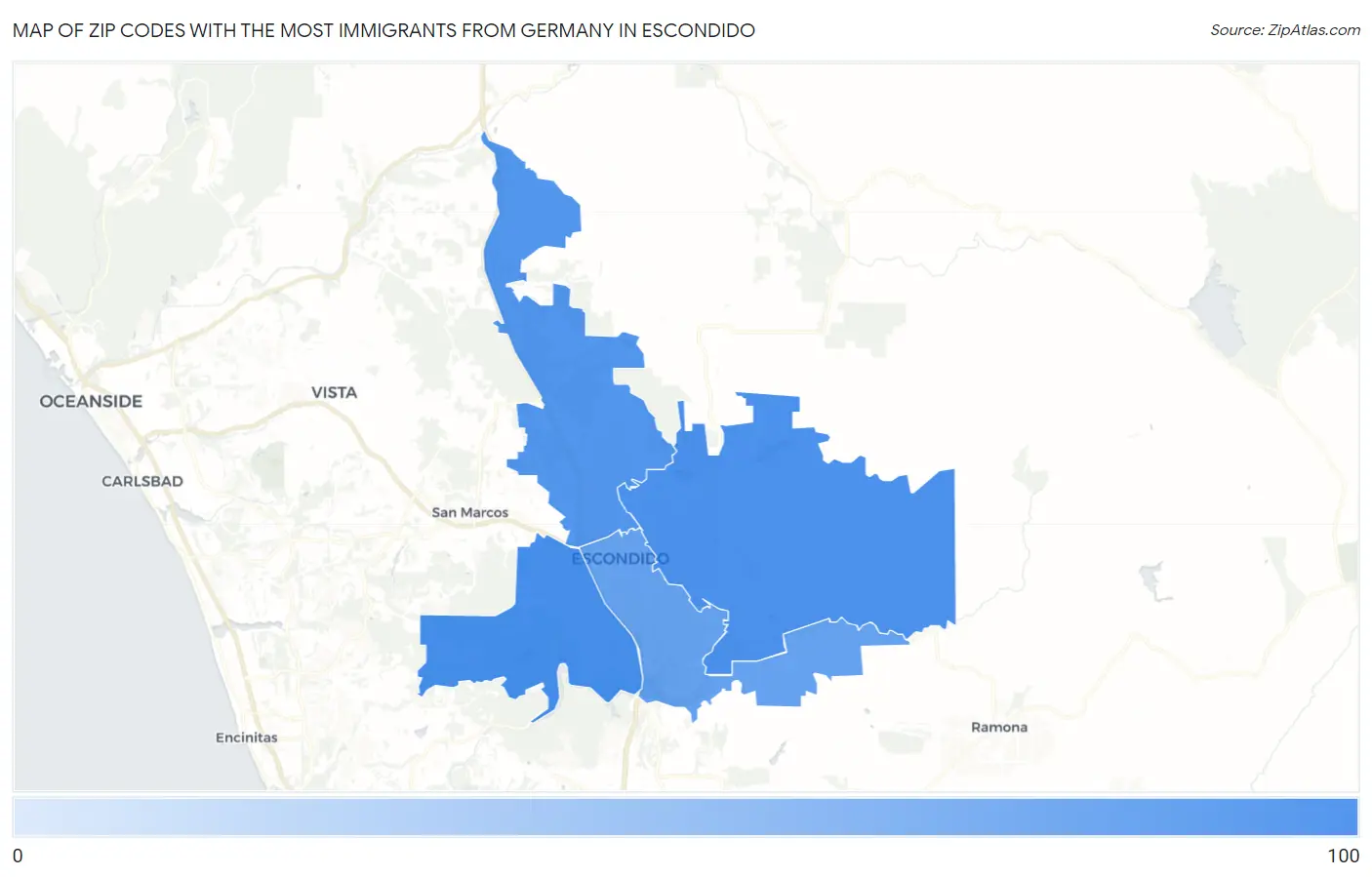 Zip Codes with the Most Immigrants from Germany in Escondido Map