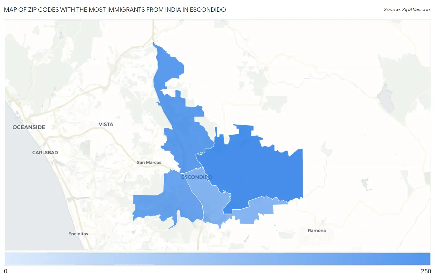 Zip Codes with the Most Immigrants from India in Escondido Map