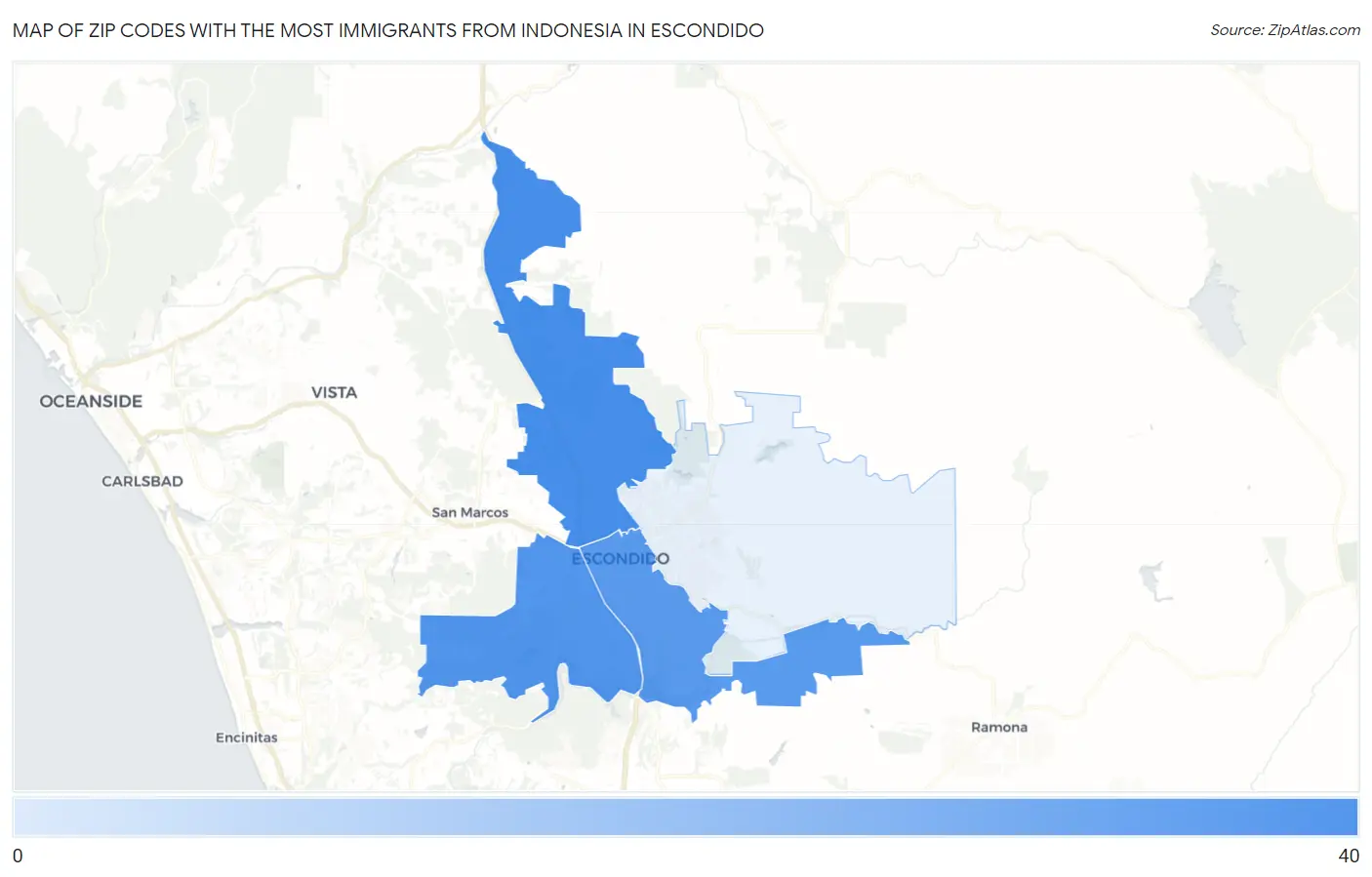 Zip Codes with the Most Immigrants from Indonesia in Escondido Map