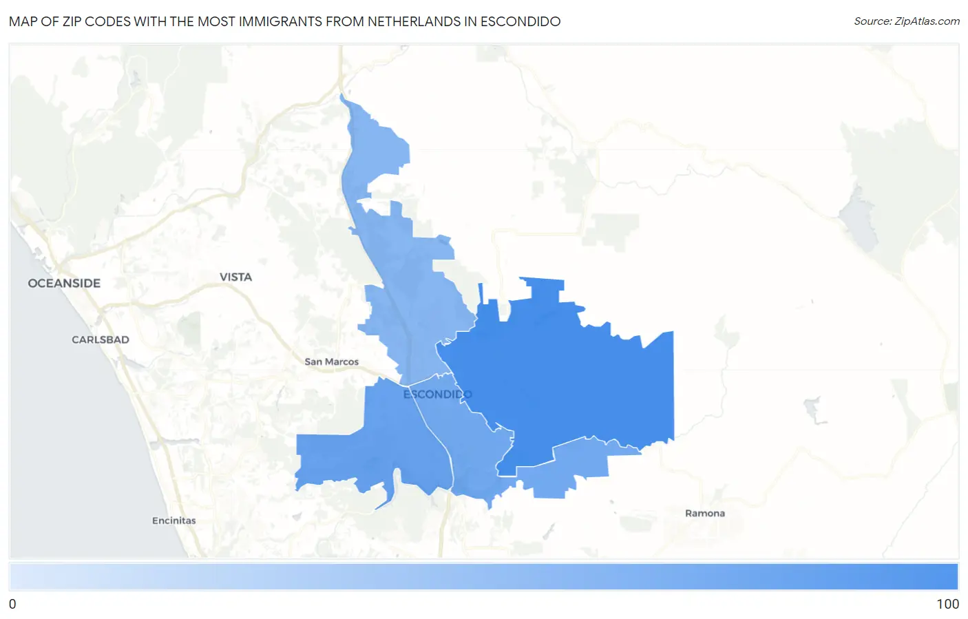 Zip Codes with the Most Immigrants from Netherlands in Escondido Map