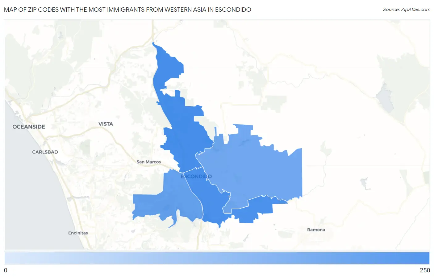 Zip Codes with the Most Immigrants from Western Asia in Escondido Map