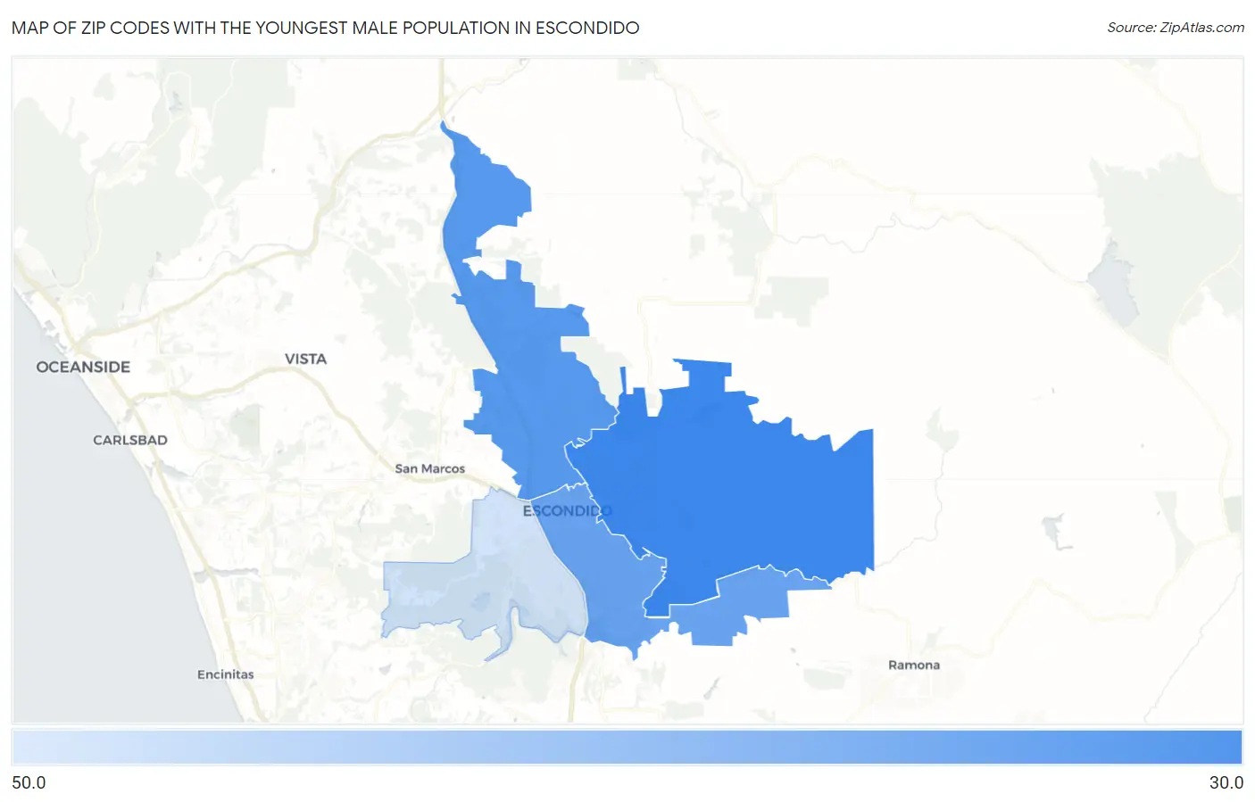 Zip Codes with the Youngest Male Population in Escondido Map