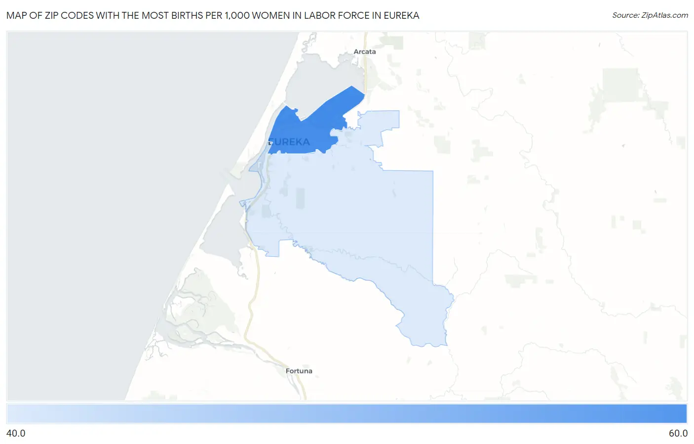 Zip Codes with the Most Births per 1,000 Women in Labor Force in Eureka Map
