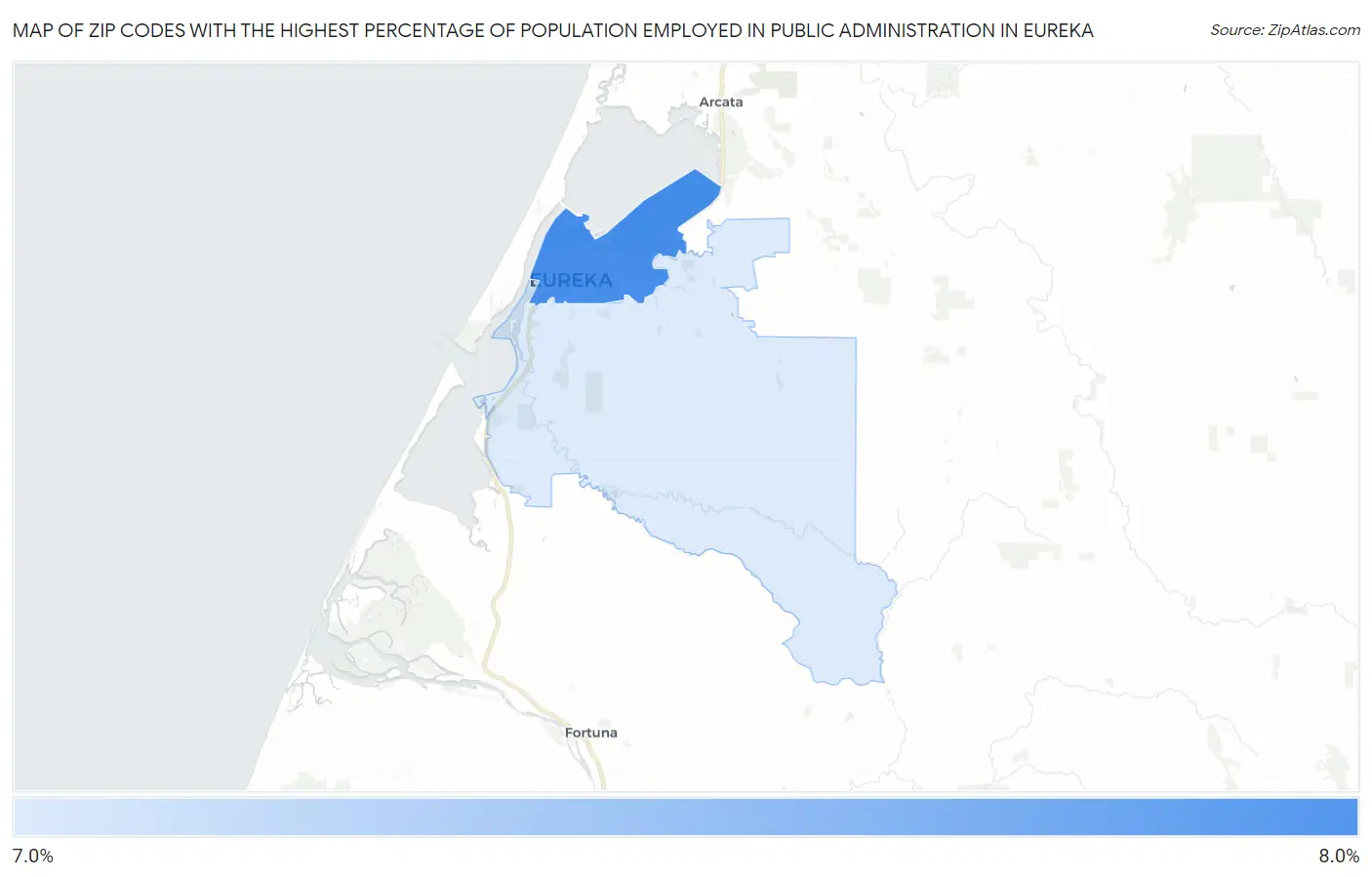 Zip Codes with the Highest Percentage of Population Employed in Public Administration in Eureka Map