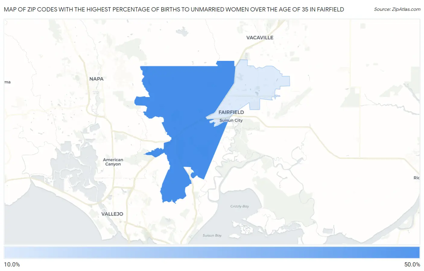 Zip Codes with the Highest Percentage of Births to Unmarried Women over the Age of 35 in Fairfield Map