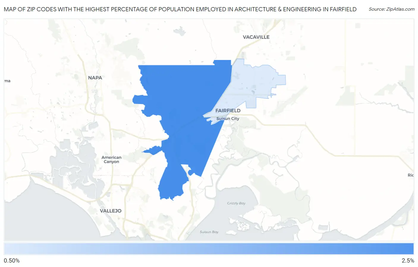 Zip Codes with the Highest Percentage of Population Employed in Architecture & Engineering in Fairfield Map
