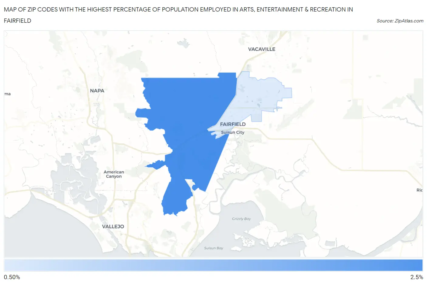 Zip Codes with the Highest Percentage of Population Employed in Arts, Entertainment & Recreation in Fairfield Map