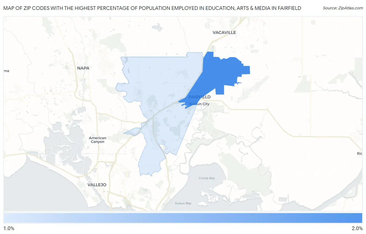 Zip Codes with the Highest Percentage of Population Employed in Education, Arts & Media in Fairfield Map