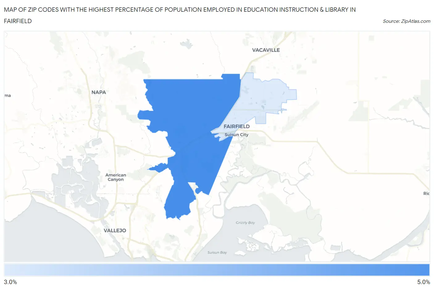 Zip Codes with the Highest Percentage of Population Employed in Education Instruction & Library in Fairfield Map