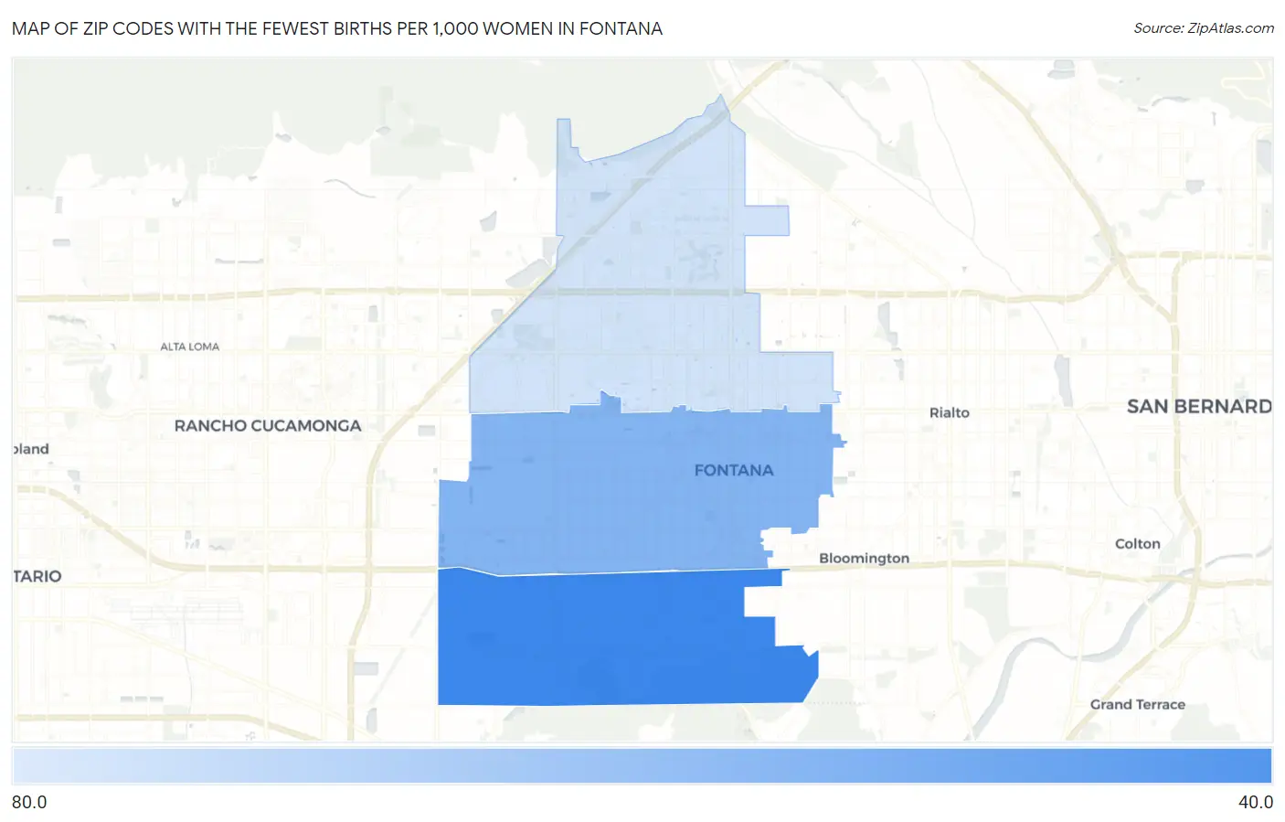 Zip Codes with the Fewest Births per 1,000 Women in Fontana Map
