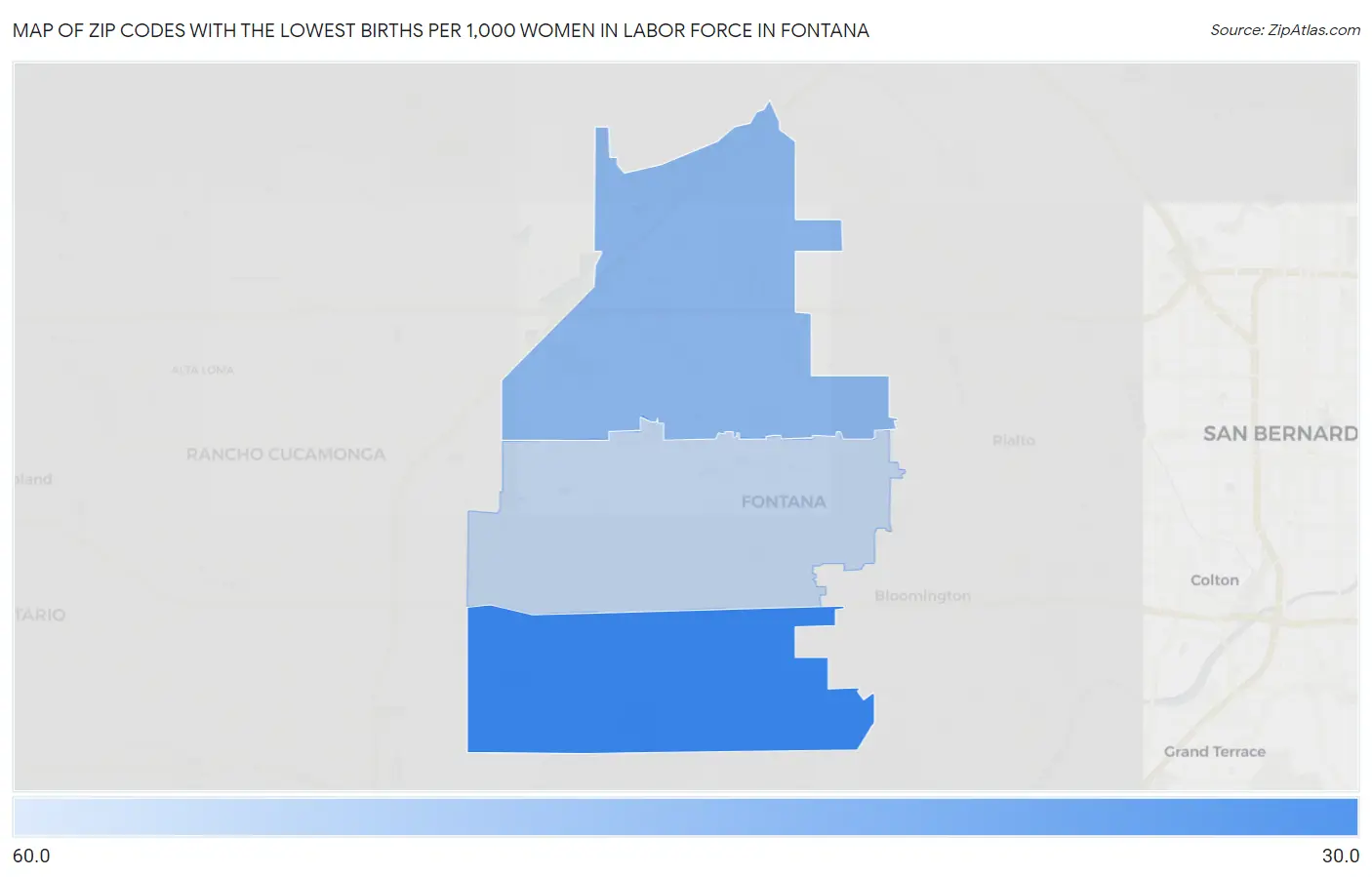 Zip Codes with the Lowest Births per 1,000 Women in Labor Force in Fontana Map