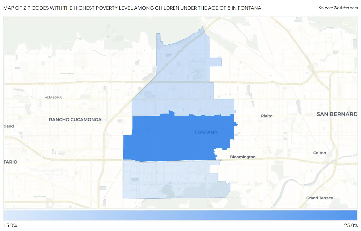 Zip Codes with the Highest Poverty Level Among Children Under the Age of 5 in Fontana Map