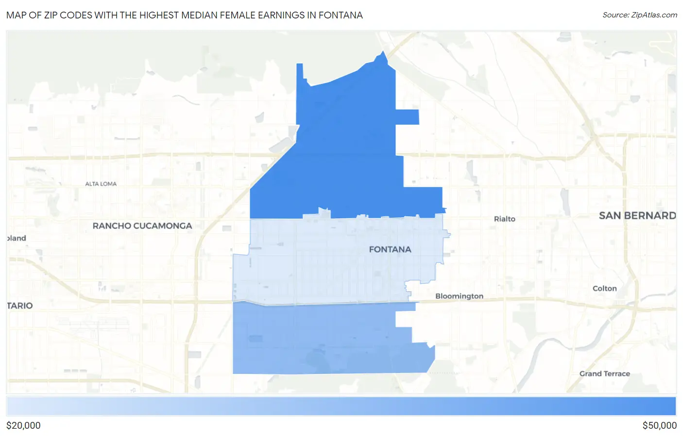 Zip Codes with the Highest Median Female Earnings in Fontana Map