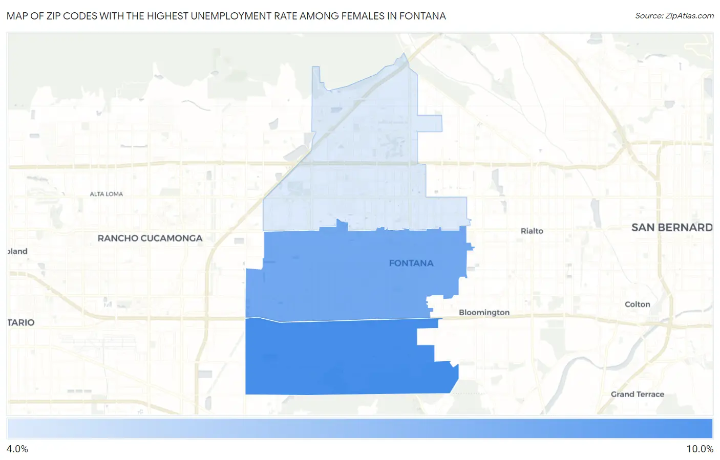 Zip Codes with the Highest Unemployment Rate Among Females in Fontana Map