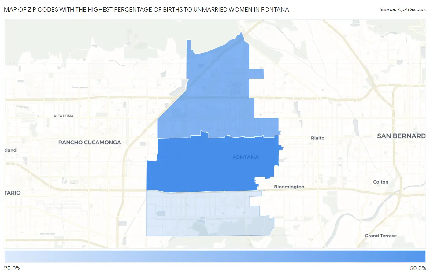 Zip Codes with the Highest Percentage of Births to Unmarried Women in Fontana Map