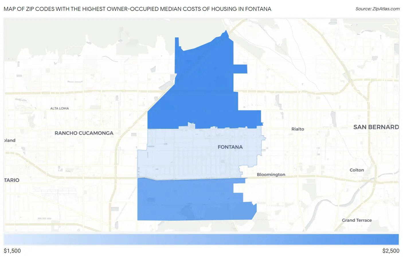 Zip Codes with the Highest Owner-Occupied Median Costs of Housing in Fontana Map