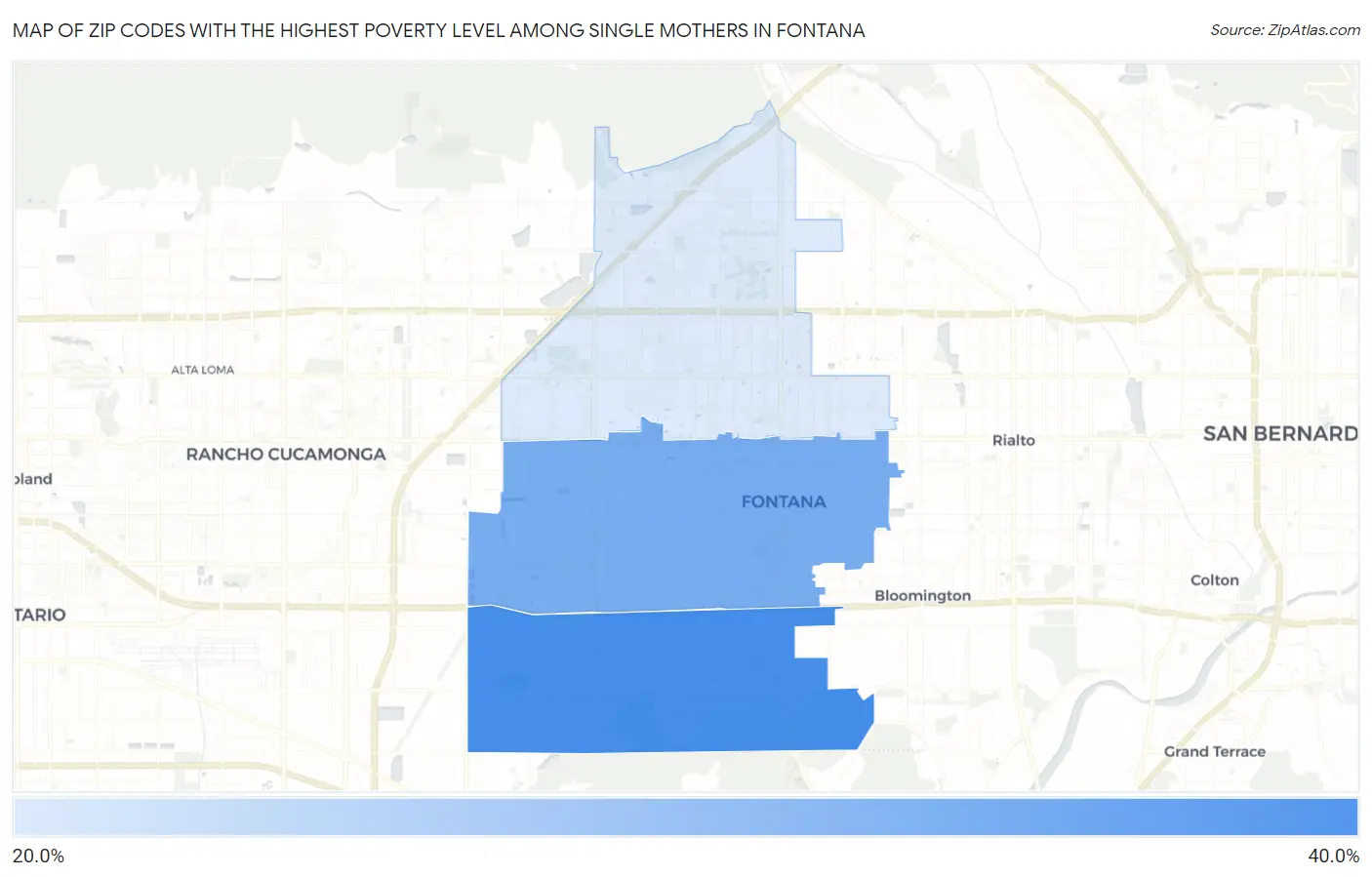 Zip Codes with the Highest Poverty Level Among Single Mothers in Fontana Map