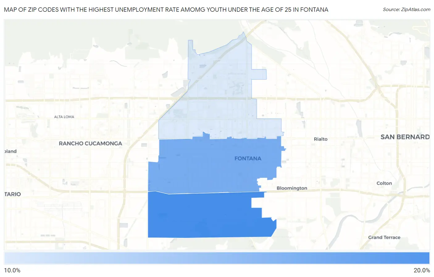 Zip Codes with the Highest Unemployment Rate Amomg Youth Under the Age of 25 in Fontana Map