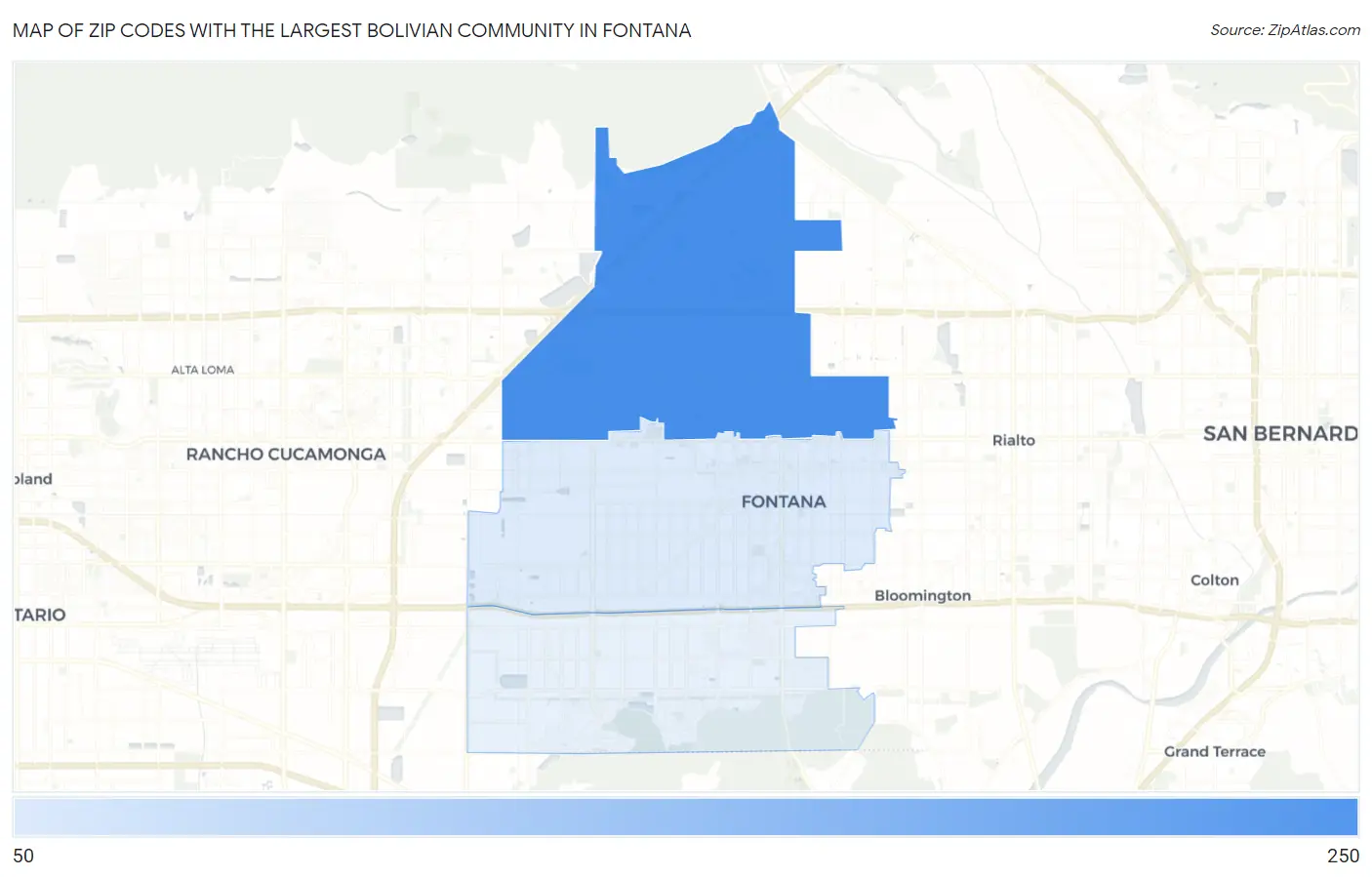 Zip Codes with the Largest Bolivian Community in Fontana Map
