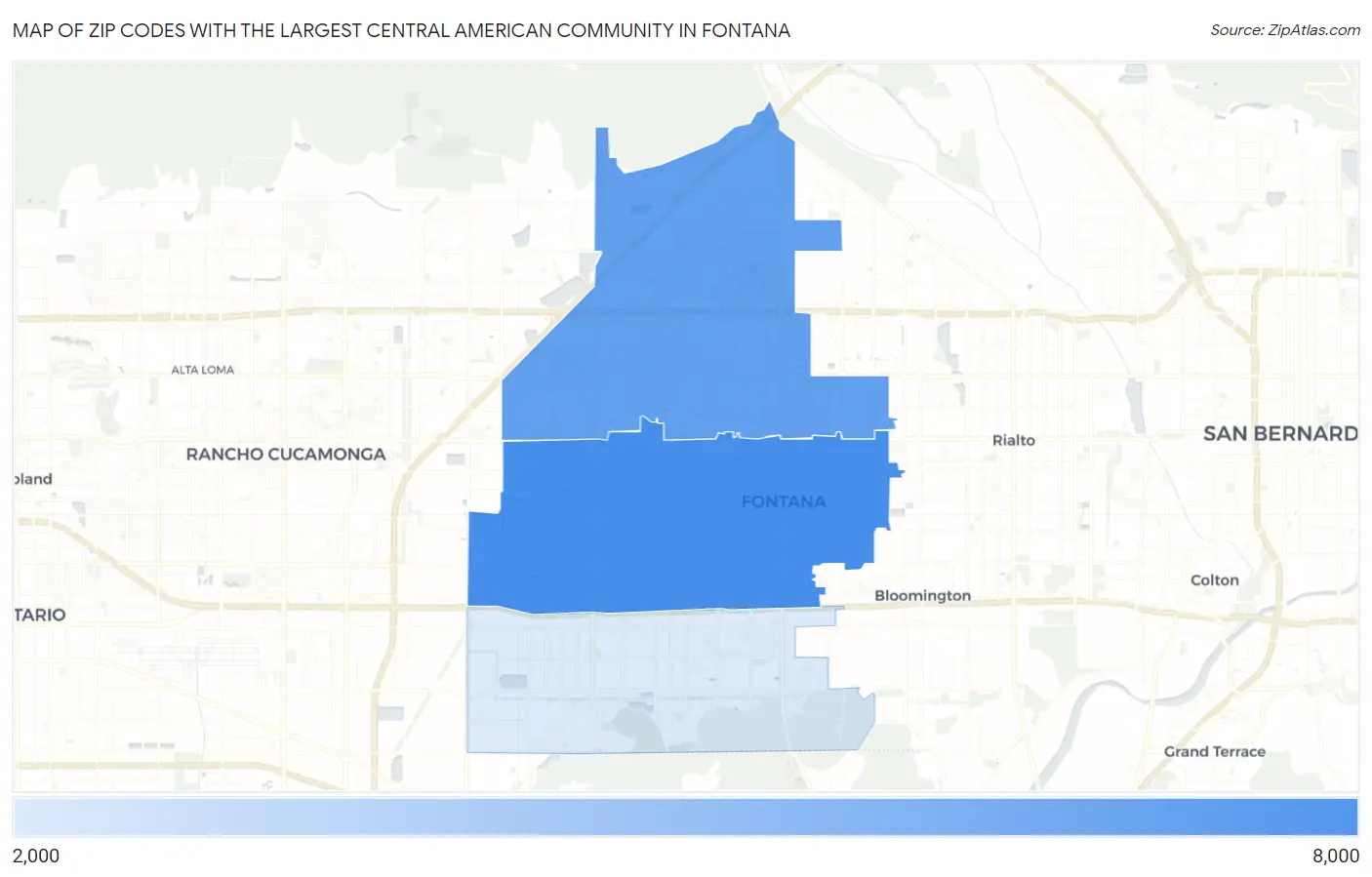 Zip Codes with the Largest Central American Community in Fontana Map