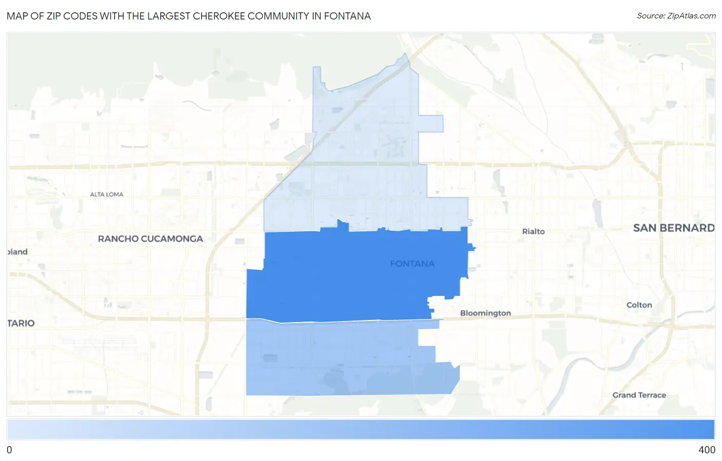 Zip Codes with the Largest Cherokee Community in Fontana Map