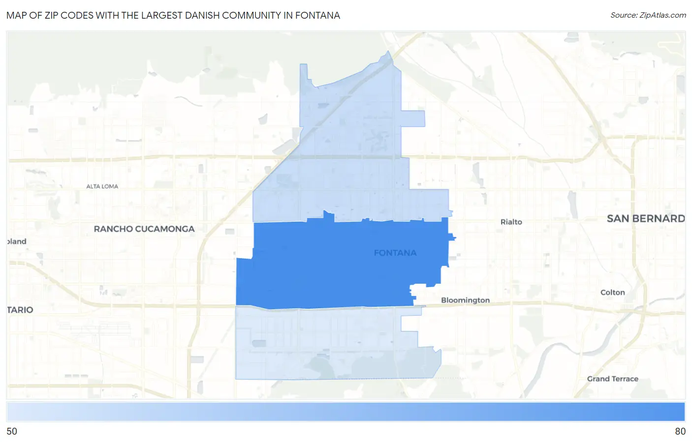 Zip Codes with the Largest Danish Community in Fontana Map