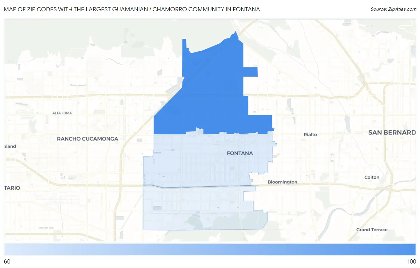 Zip Codes with the Largest Guamanian / Chamorro Community in Fontana Map