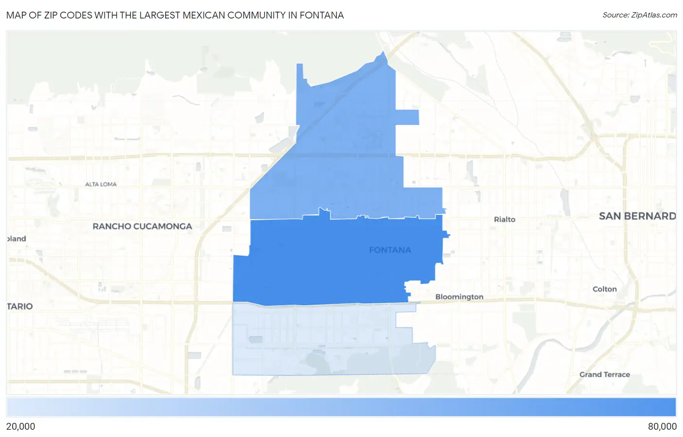 Zip Codes with the Largest Mexican Community in Fontana Map