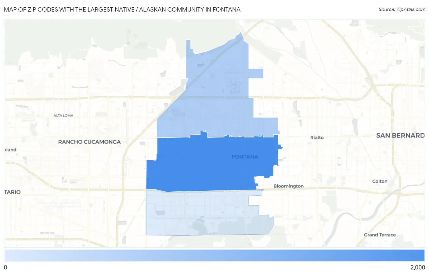 Zip Codes with the Largest Native / Alaskan Community in Fontana Map