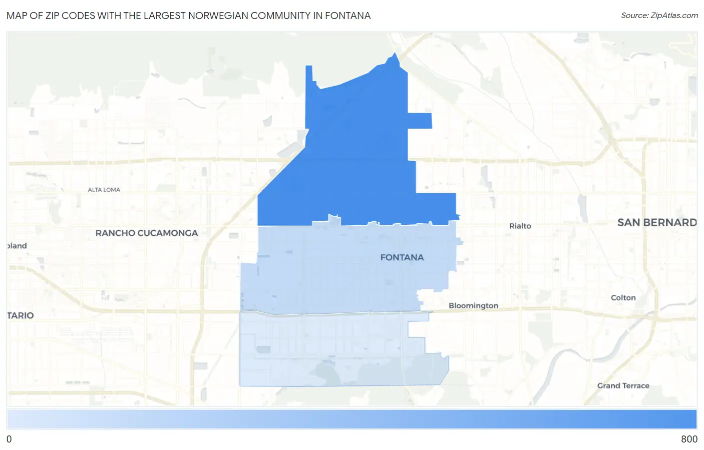 Zip Codes with the Largest Norwegian Community in Fontana Map