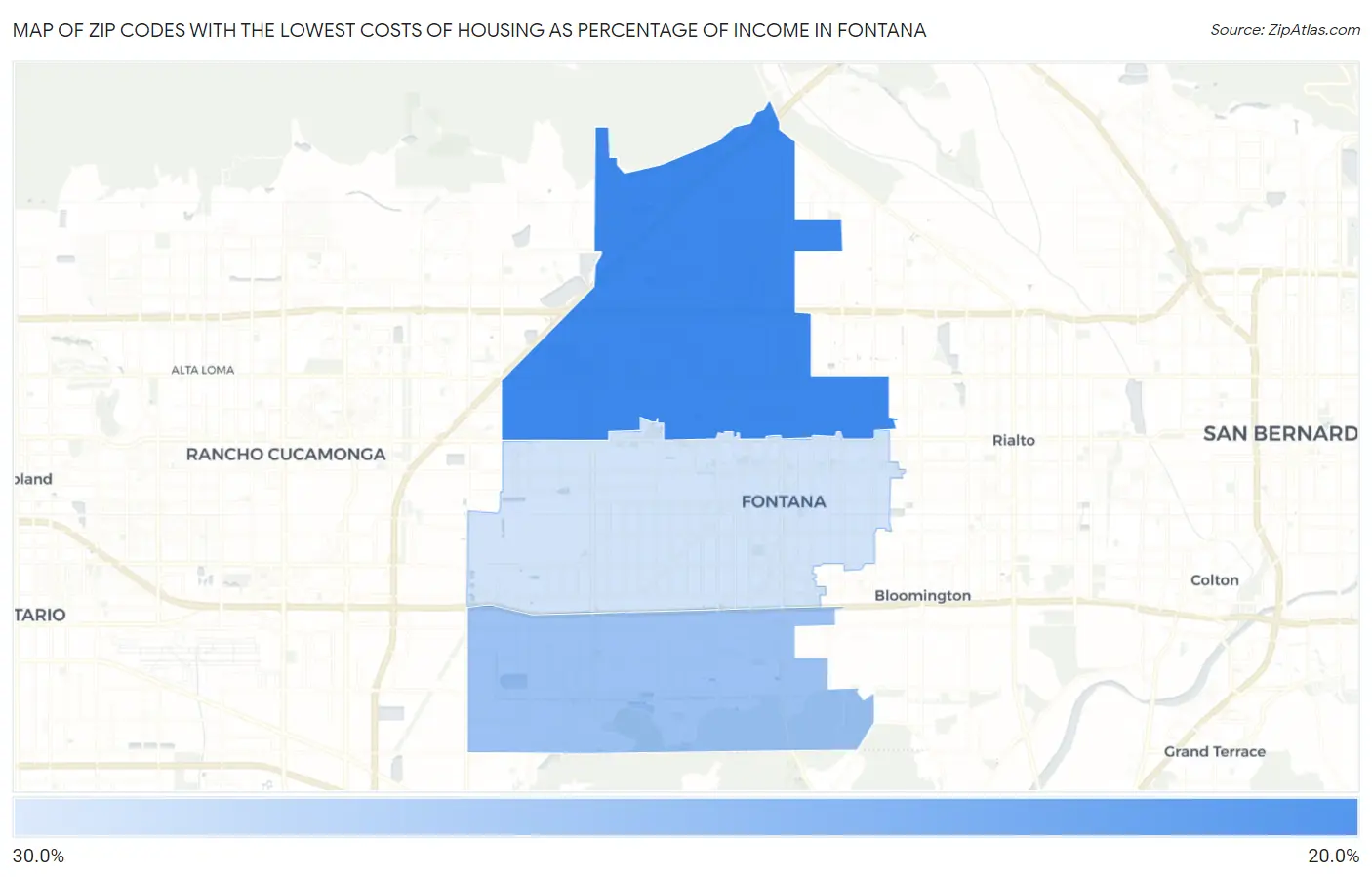 Zip Codes with the Lowest Costs of Housing as Percentage of Income in Fontana Map