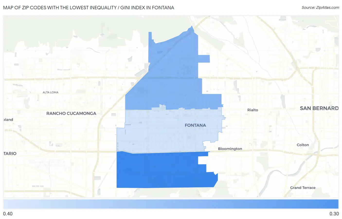 Zip Codes with the Lowest Inequality / Gini Index in Fontana Map