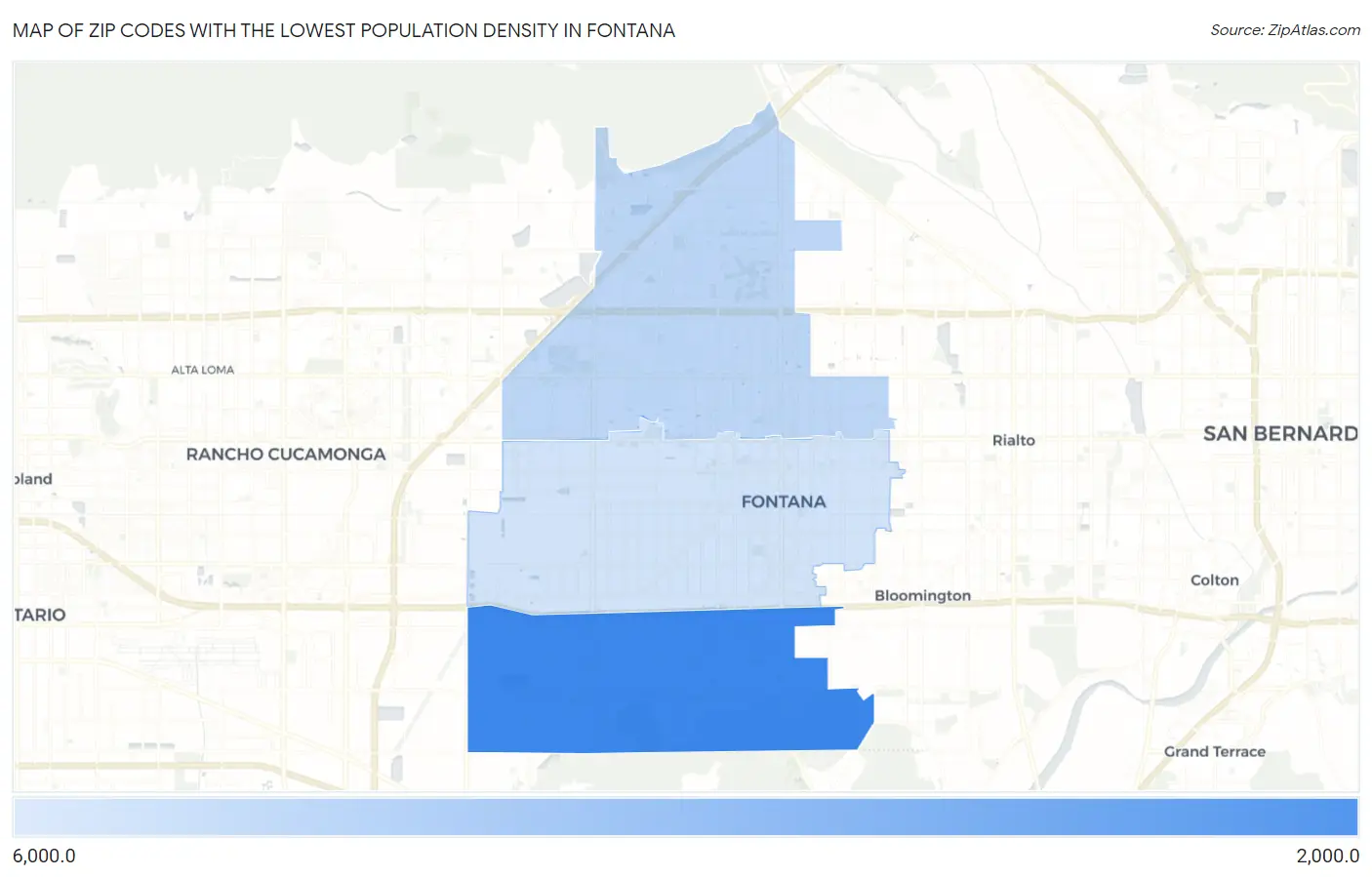 Zip Codes with the Lowest Population Density in Fontana Map