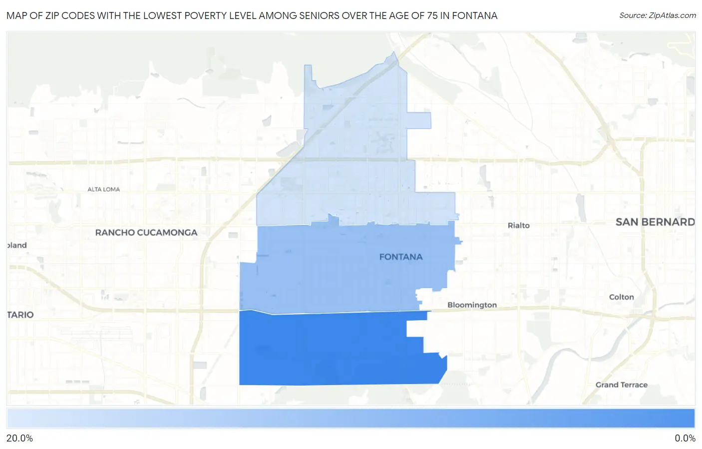 Zip Codes with the Lowest Poverty Level Among Seniors Over the Age of 75 in Fontana Map