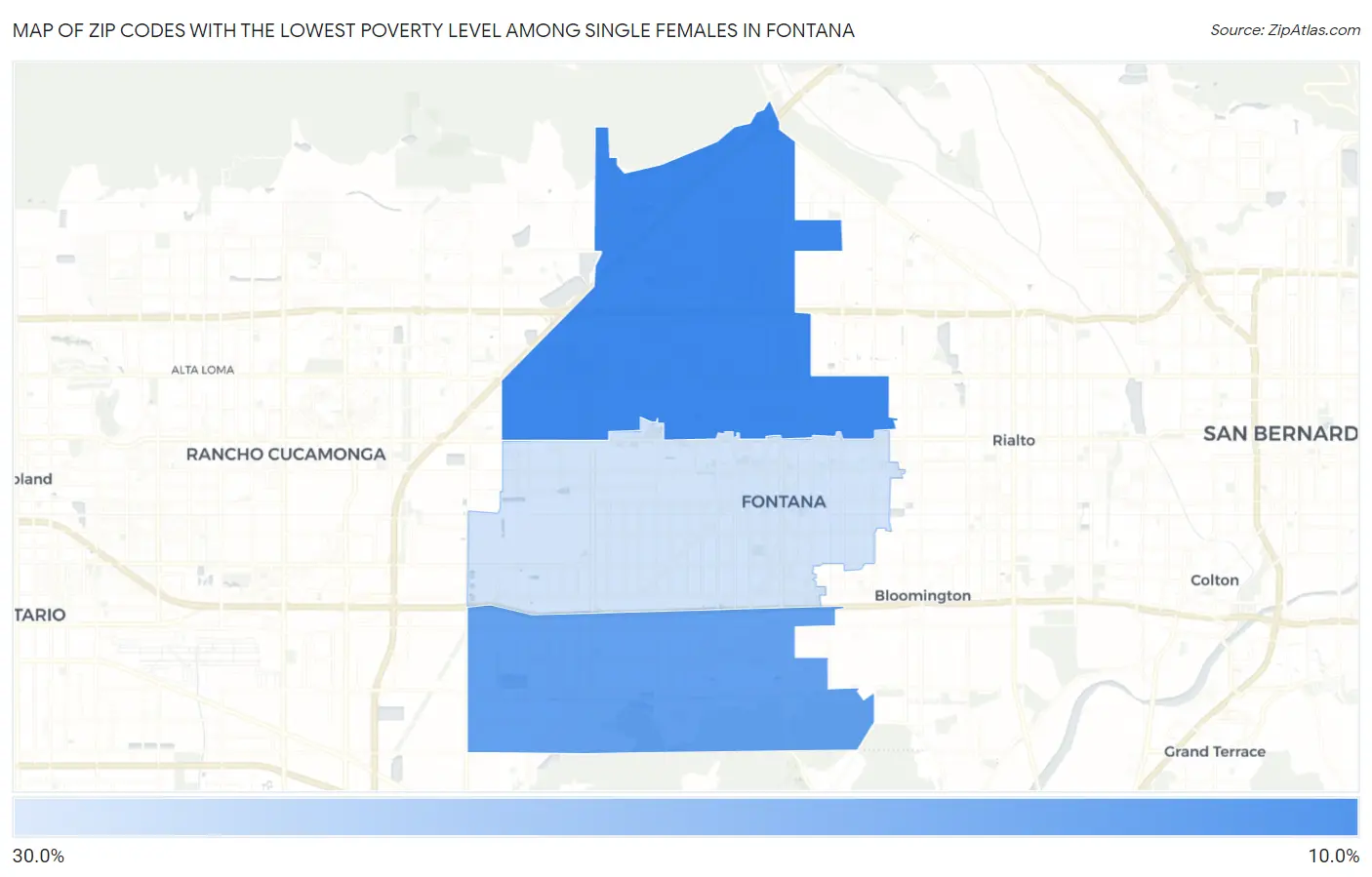 Zip Codes with the Lowest Poverty Level Among Single Females in Fontana Map