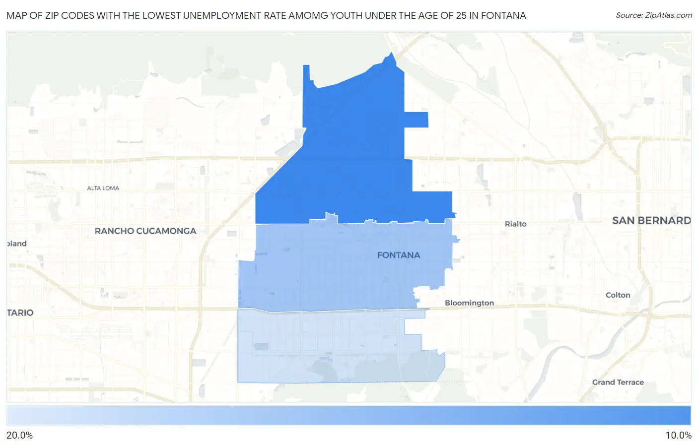 Zip Codes with the Lowest Unemployment Rate Amomg Youth Under the Age of 25 in Fontana Map