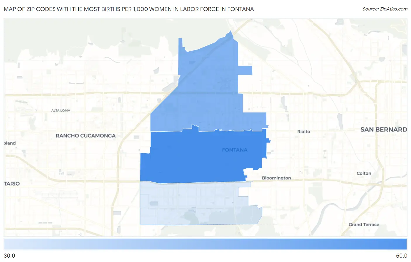 Zip Codes with the Most Births per 1,000 Women in Labor Force in Fontana Map