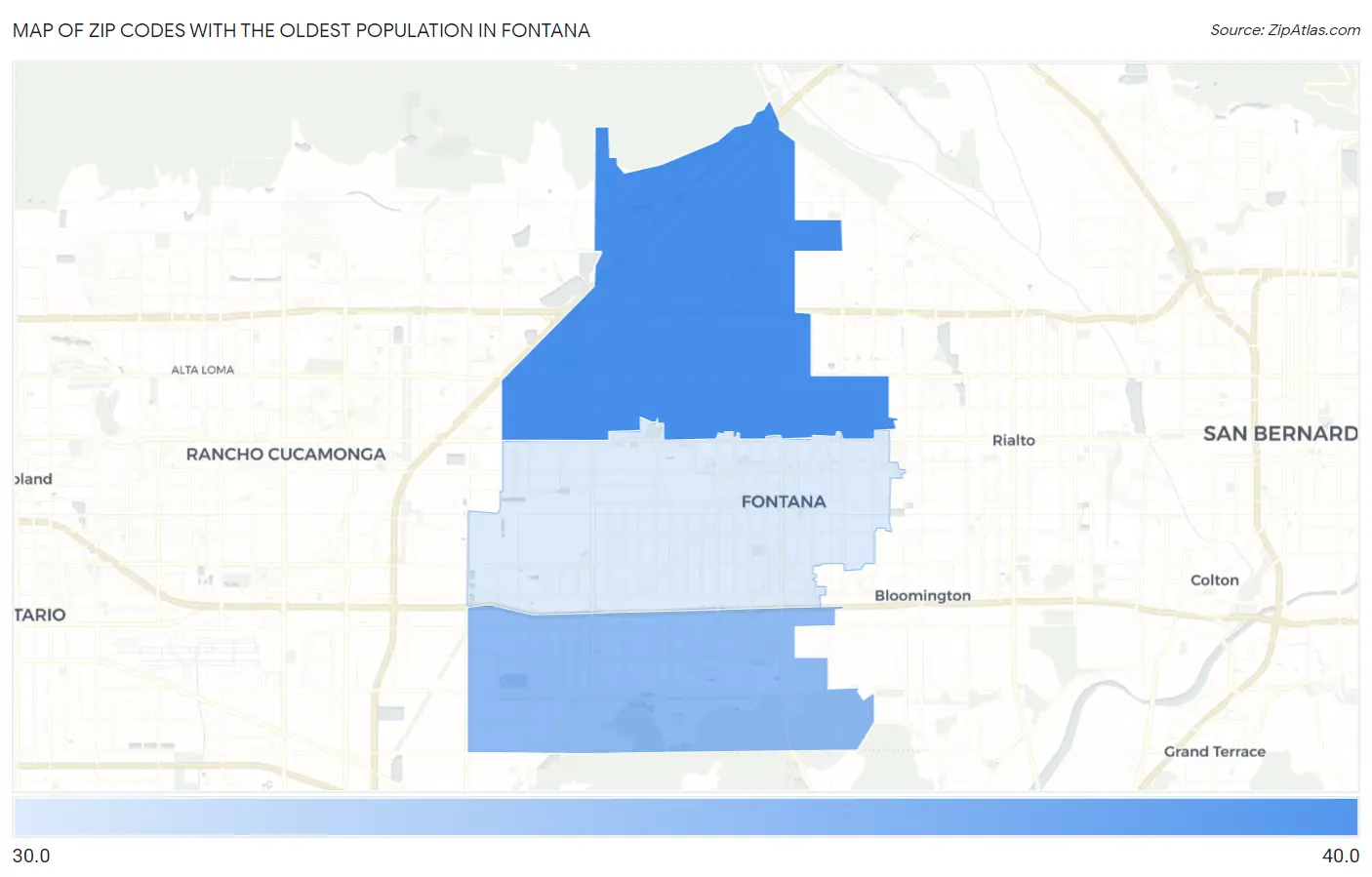 Zip Codes with the Oldest Population in Fontana Map