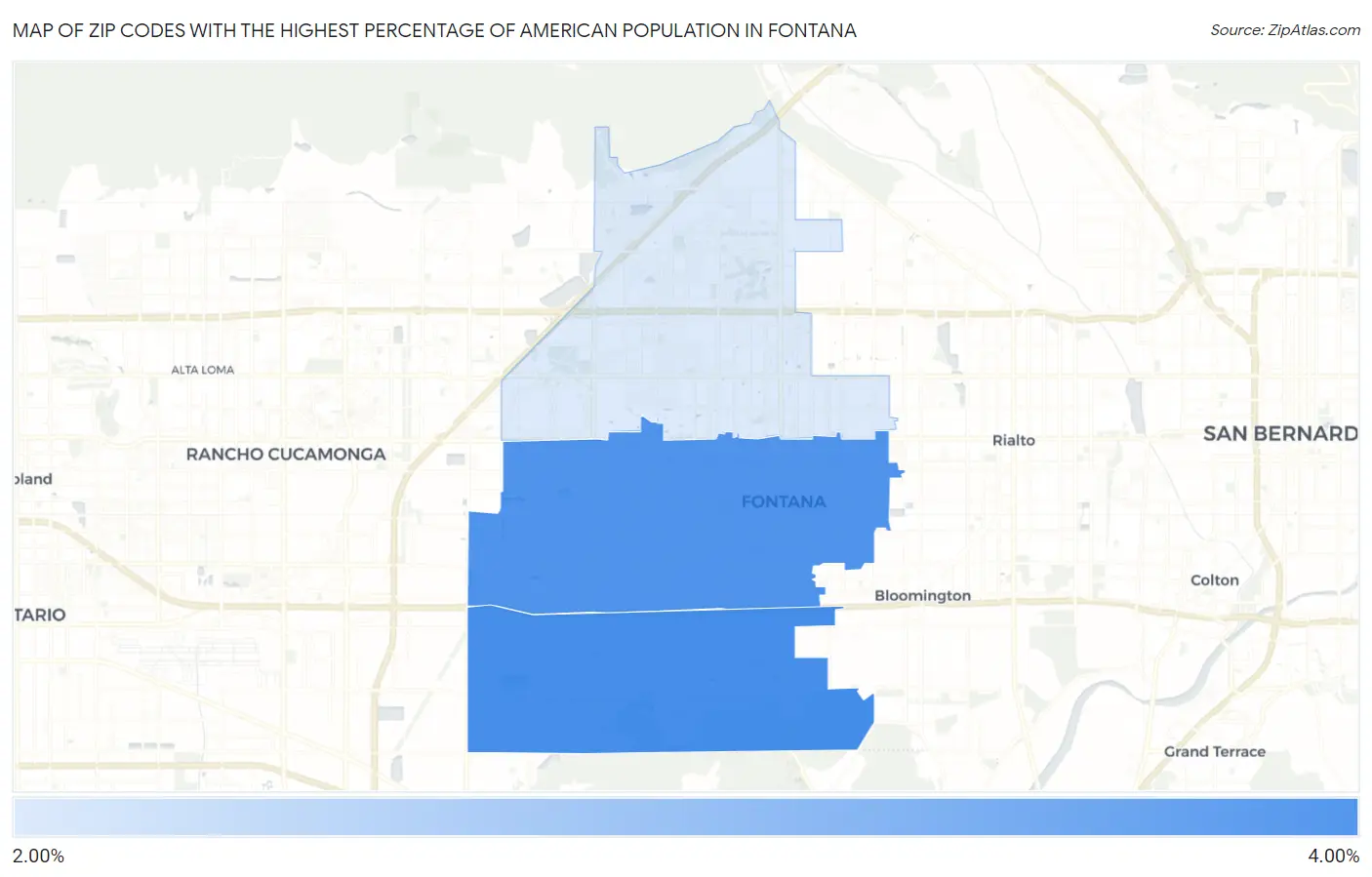 Zip Codes with the Highest Percentage of American Population in Fontana Map