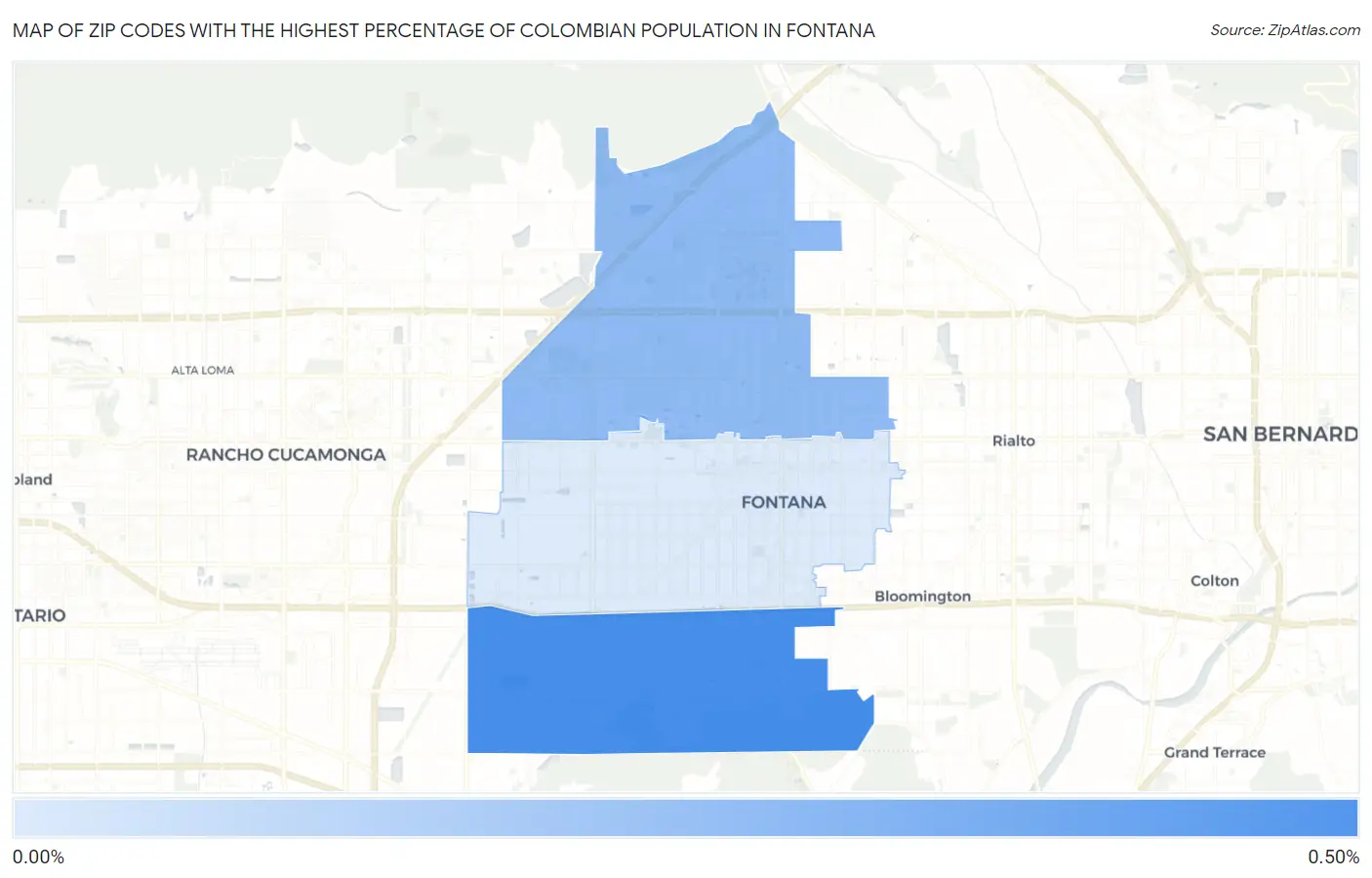 Zip Codes with the Highest Percentage of Colombian Population in Fontana Map