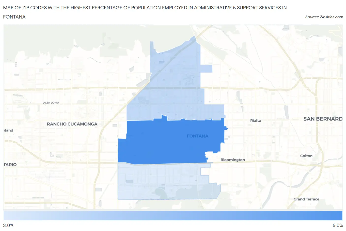 Zip Codes with the Highest Percentage of Population Employed in Administrative & Support Services in Fontana Map