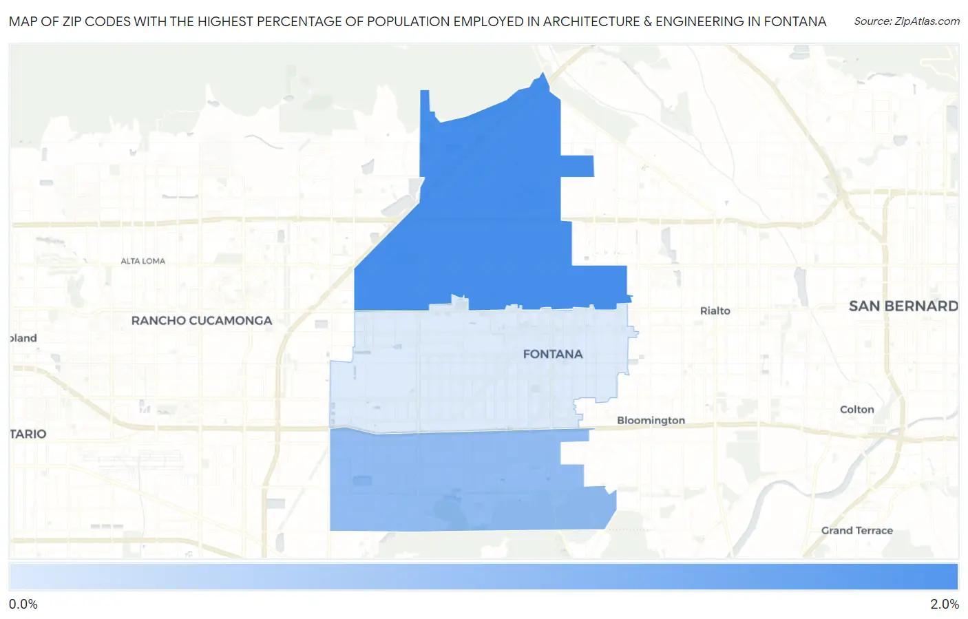 Zip Codes with the Highest Percentage of Population Employed in Architecture & Engineering in Fontana Map
