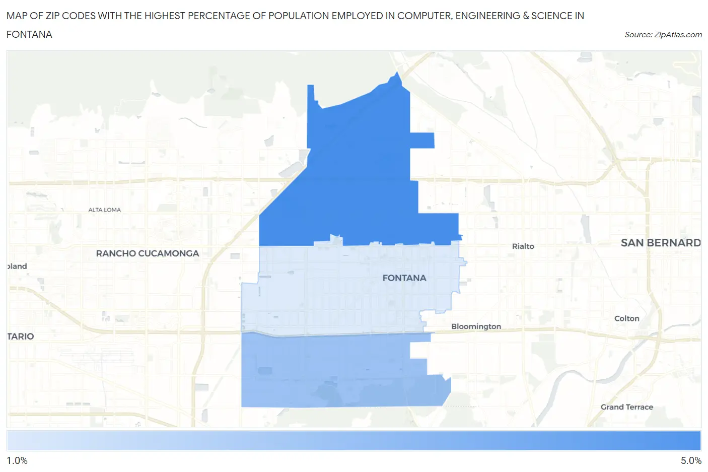 Zip Codes with the Highest Percentage of Population Employed in Computer, Engineering & Science in Fontana Map