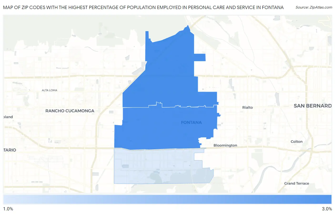 Zip Codes with the Highest Percentage of Population Employed in Personal Care and Service in Fontana Map