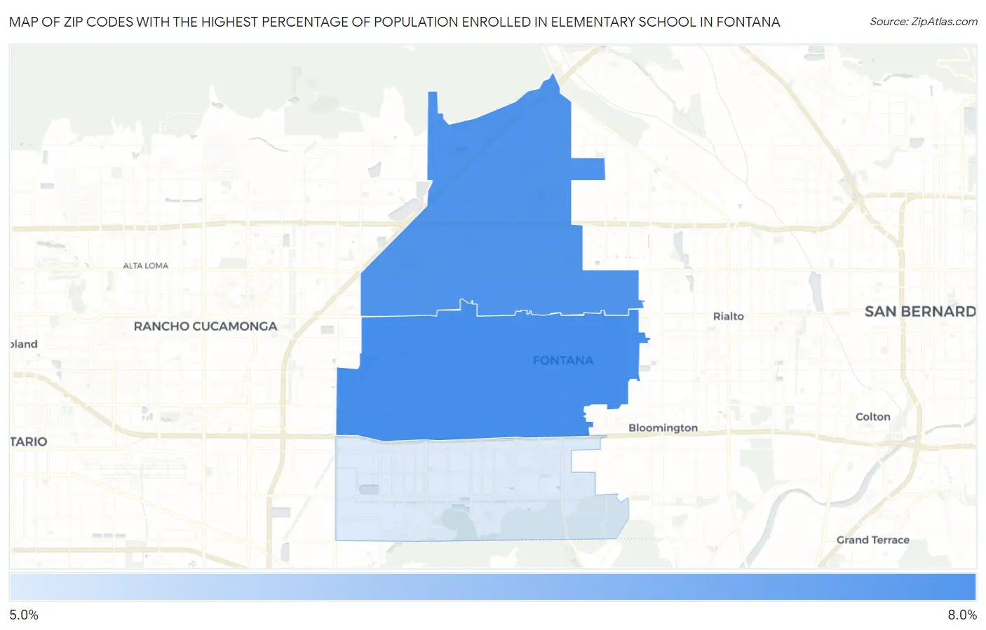 Zip Codes with the Highest Percentage of Population Enrolled in Elementary School in Fontana Map