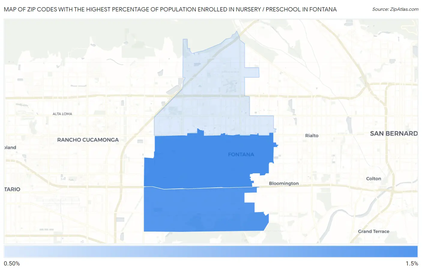 Zip Codes with the Highest Percentage of Population Enrolled in Nursery / Preschool in Fontana Map