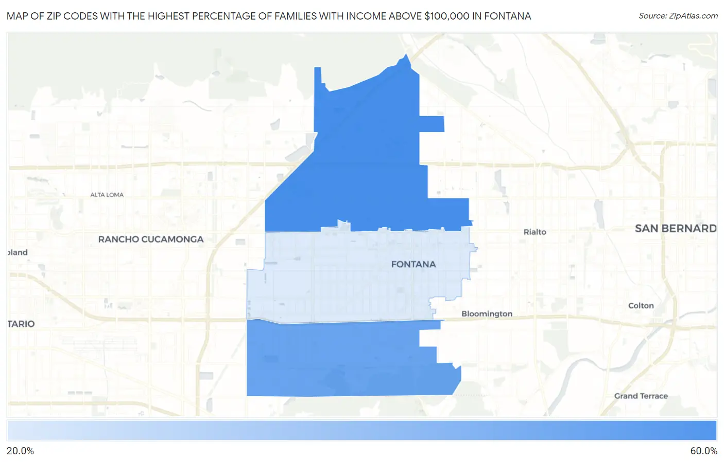 Zip Codes with the Highest Percentage of Families with Income Above $100,000 in Fontana Map
